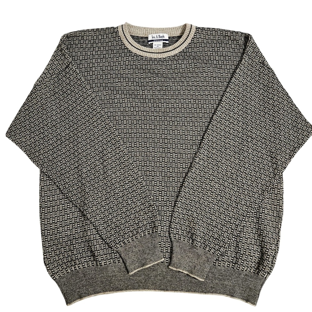 Vintage 90s GrandpaCore Jos A Bank Italian Knit Gray Cream Sweater XL‎ CozyCore
